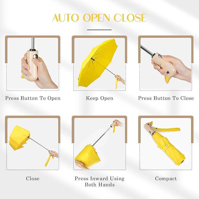 Cute Duck Umbrella Automatic - Compact Pretty Pocket Size Strong Duck Collapsible Umbrella Yellow Wooden Handle for Women