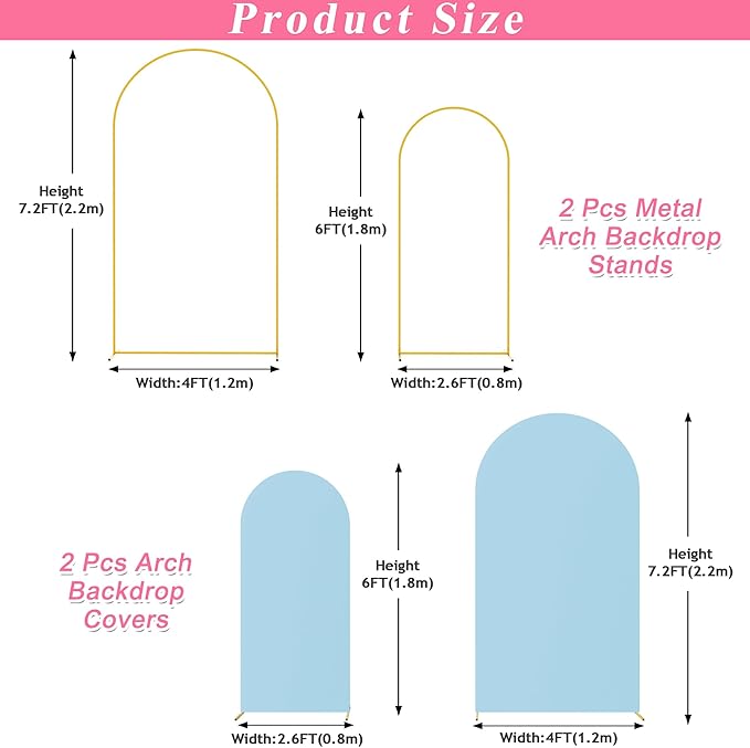 Putros Metal Arch Stand with Cover Set of 2 Dusty Blue Spandex Fitted Wedding Arch Cover and Round Top Chiara Backdrop Stand for Birthday Party Baby Shower Decoration 7.2FT, 6FT