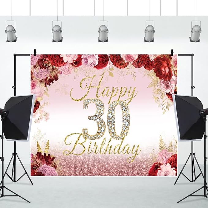 10x8ft Happy 30th Birthday Backdrop Pink Red Rose Flower Bush Garden Birthday Photography Background Floral Themed Women 30th Birthday Party Decoration
