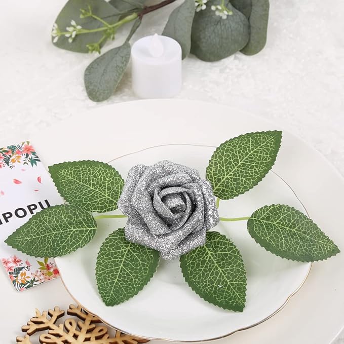 IPOPU Silver Roses Artificial Flowers,25PCS Foam Glitter Roses Glitter Flowers Fake Rose with Stems for DIY Wedding Bridal Bouquet Home Party Christmas Decoration(Silver)