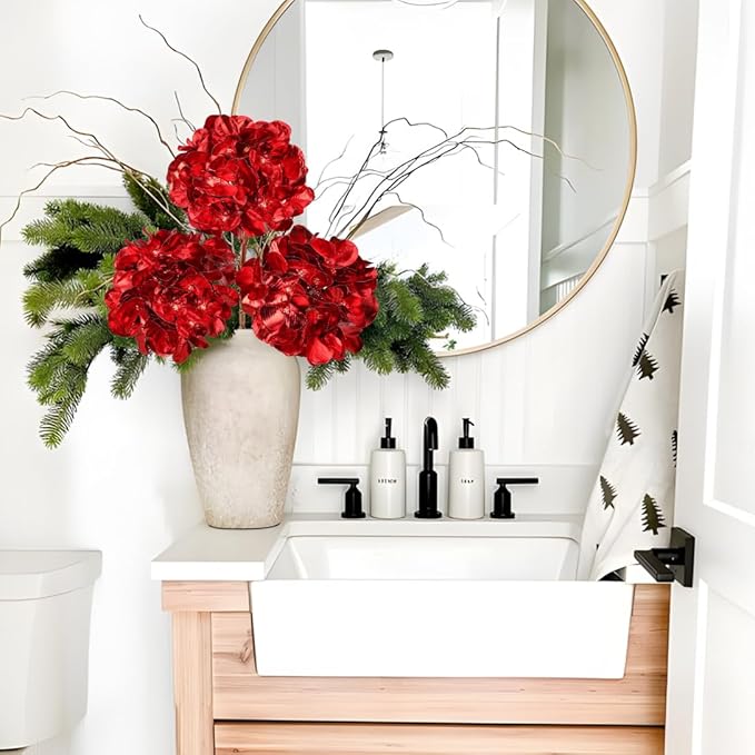 Hollyone 3Pcs Artificial Hydrangea Flowers Red Christmas Ornaments Flowers 26inch Fake Hydrangea Flower Floral Arrangements Bouquets Xmas Faux Hydrangeas Stems Wedding Party Christmas Home Decor