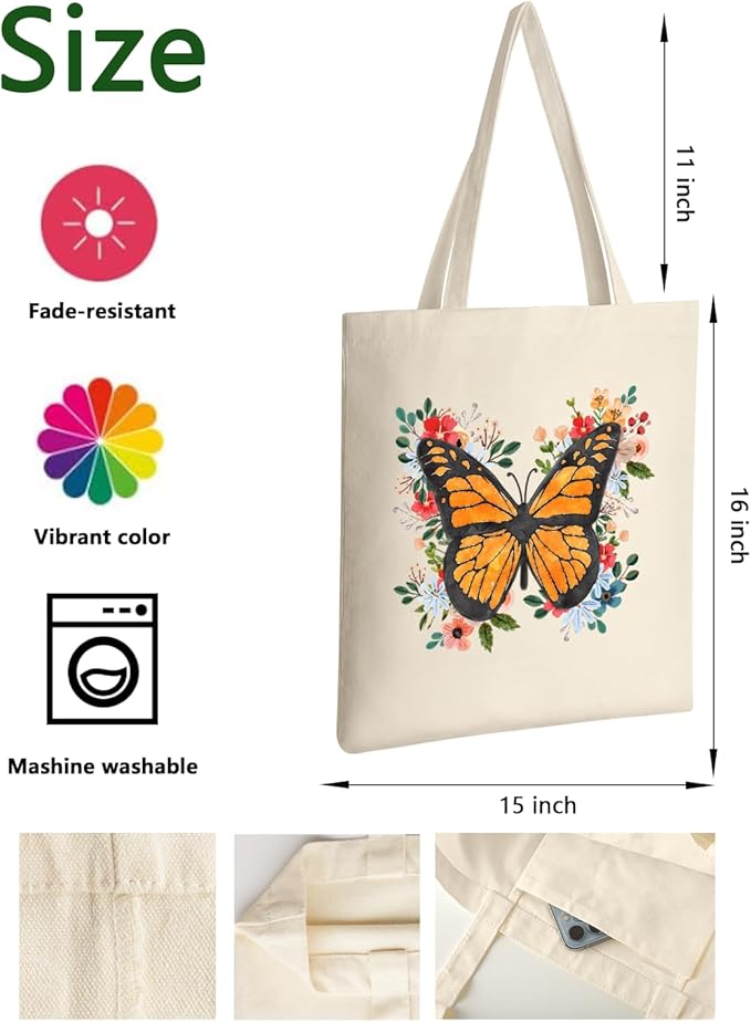 AUSVKAI Cute Canvas Tote Bag Aesthetic for Women Grocery Bag Cotton Shopping Beach Totes Gift-Flower Butterfly