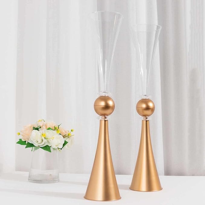 Efavormart 2 Pack Clear Gold Crystal Embellishment Trumpet Table Centerpiece, Reversible Plastic Flower Vase - 27"