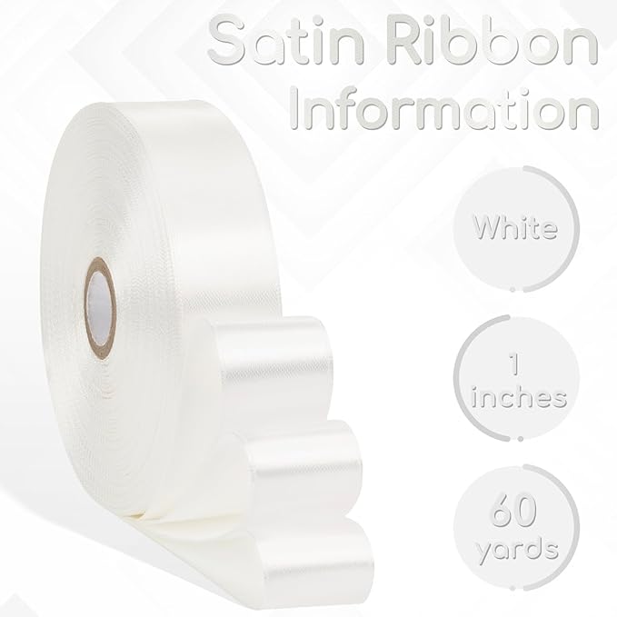 White Satin Ribbon 1 Inch, 60 Yards White Fabric Ribbon for Flower Bouquet, Gift Wrapping, Hair, Crafts, Graduation Wreaths, Wedding, Festival Decor