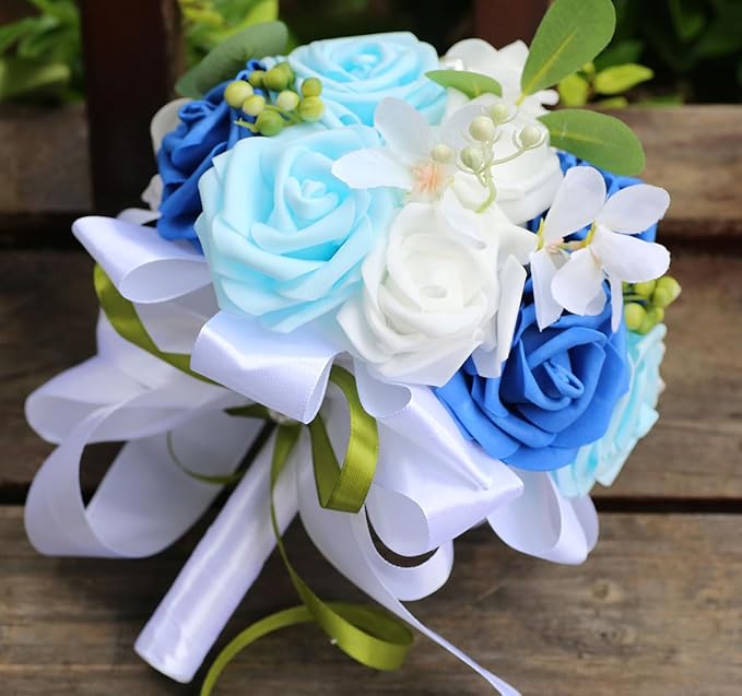Lightweight Bridal Wedding Bouquet Round Holding Bouquet Throw Toss Artificial Rose Flower Bunch for Bride Bridesmaid Wedding Quinceanera (White, Royal Blue & Light Blue, 9.1")
