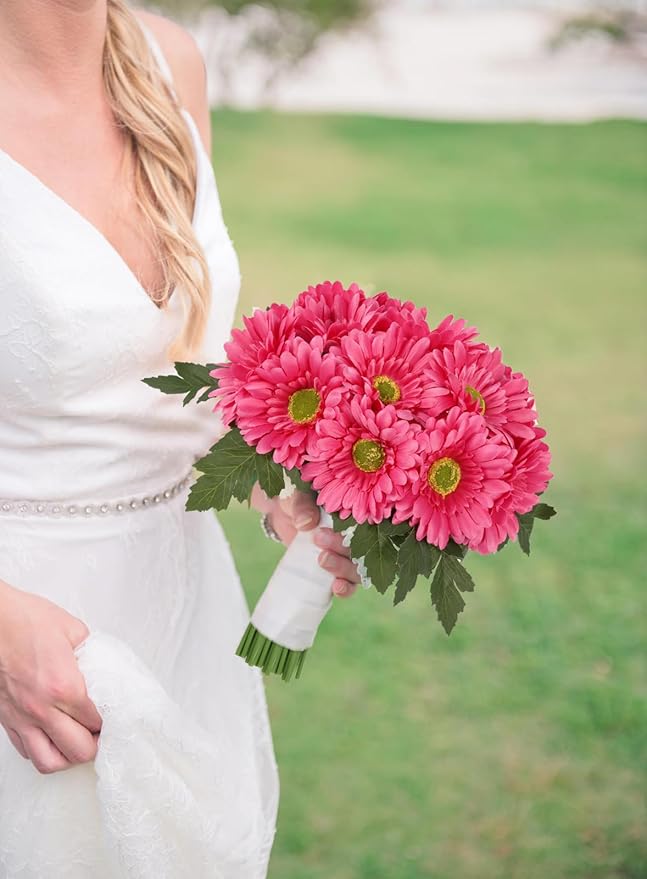 IPOPU 2 Bundles Artificial Gerbera Daisy Flowers 14 Heads Pink Fake Daisy with Stems Faux Silk Daisy Flowers for Wedding Bridal Bouquet Party Floral Arrangements Home Table Centerpiece Decor (Pink)