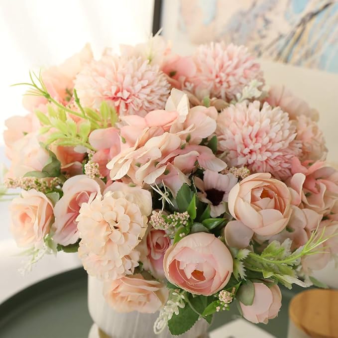 Nubry 3pcs Artificial Flowers Bouquet Fake Peony Silk Hydrangea Wildflowers Arrangements with Stems for Wedding Home Centerpieces Decor (Light Pink)