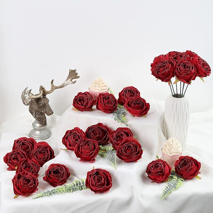 IPOPU Red Roses Artificial Flowers 25pcs Dark Red Silk Bulk Flower Heads Vingtage Dried Fake Flowers Artificial for Decoration Bridal Bouquets for Wedding Centerpiece Flower Wall Decor (Dark Red)