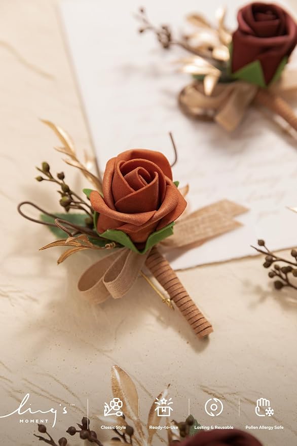 Ling's moment Boutonniere for Men, 6pcs Groom Groomsmen Boutonniere, Artificial Flowers for Wedding Decor/Prom/Homecoming, etc.Terracotta Orange