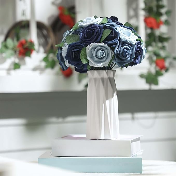 50 Pcs Artificial Foam Rose Flowers Faux Bouquet with Leaves and Stems for DIY Wedding Bouquets Centerpieces Bridal Shower Party Valentine Home Decorations (Shades of Blue)