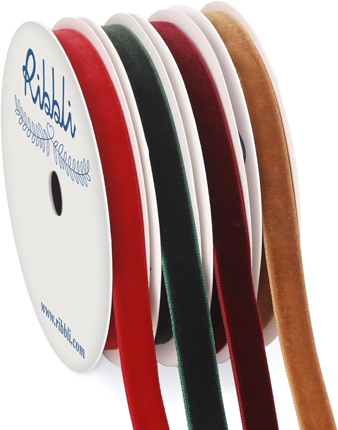 Ribbli 4 Rolls Velvet Ribbon, 3/8 Inches 5-Yard Each Roll, Christmas Ribbon for Gift Wrapping, Christmas Tree Decoration, Home Decor-Red/Green/Burgundy/Khaki