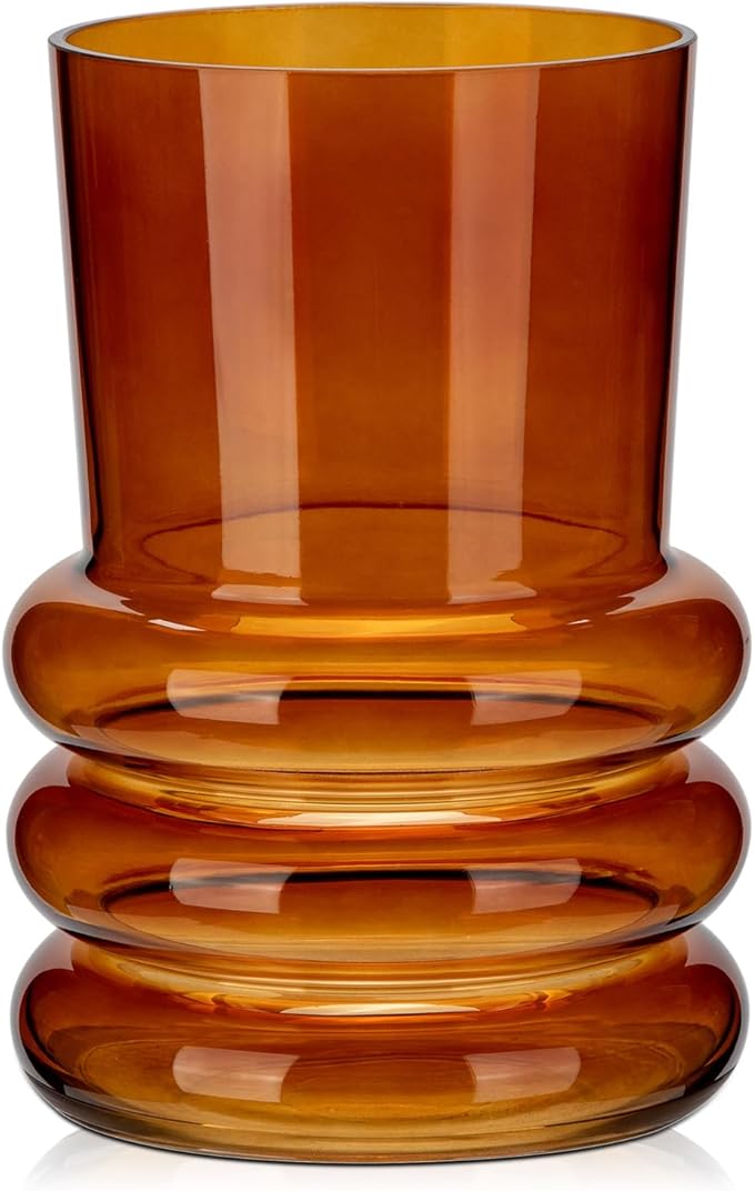 Amber Glass Flower Vase, 7" x 4.7" Thickened Hydroponic Flower Vase Modern Geometric Glass Vase for Home Living Room Wedding Centerpieces Office Table Decor