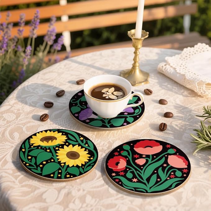ANATTASOUL Coasters Set of 9 Art Flowers Pattern Colorful Wooden Coasters Bulk Round Housewarming Gift for New Home, 3.9" Decorative Coffee Table Protection for Farmhouse Bar House Decor