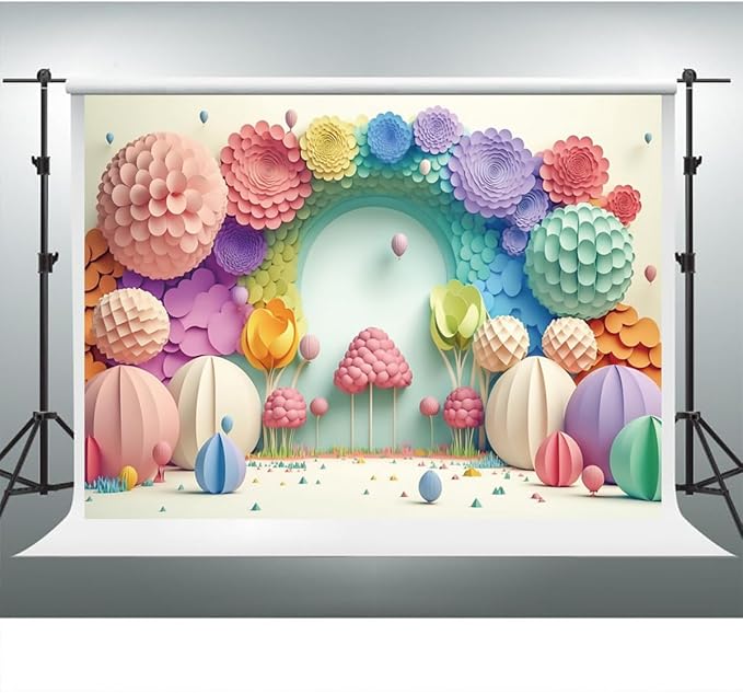 YongFoto Paper Flowers Backdrop 10x6.5ft Colorful Cut Paper Floral Blossom Rainbow Arch Hot Air Balloon Honeycomb Ball Photography Background Lovely Party Banner Home Decor Photo Studio Booth Props