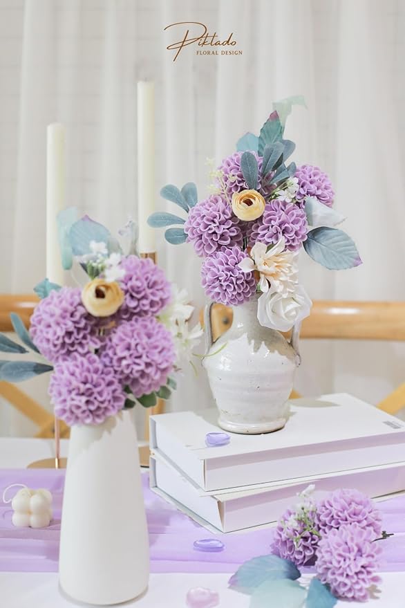 Artificial Wedding Dahlia Flowers 25 pcs Lavender Fake Roses w/Stem for DIY Wedding Decor Centerpieces Arrangements Bouquets(Lilac)