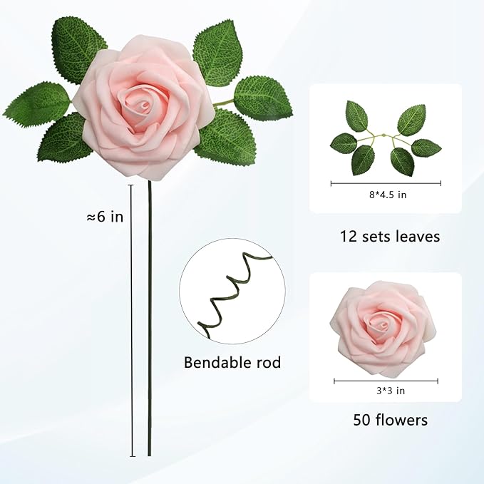 JOYLEX Artificial Flowers Realistic Roses, 50pcs Real Looking Fake Roses with Stem for DIY Wedding Bouquets Centerpieces Bridal Shower Party Home Romantic Decorations (Light Pink)