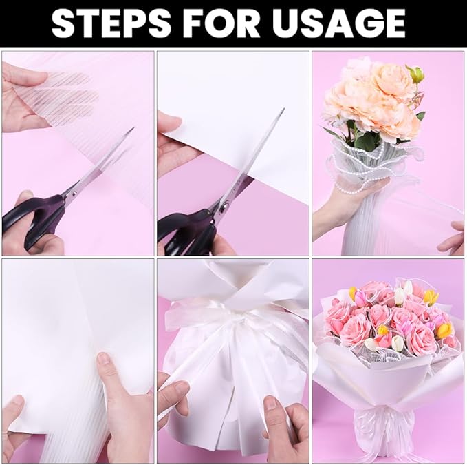 White Flower Wrapping Kit, 20 Sheet DIY Supplies, Bouquet Wrapping Paper, Mesh Paper, Wooden Sticks, Valentine's Day, Mother's Day, Graduation
