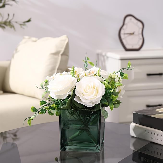 Square Glass Vases Set of 9, 5" x 5" x 5" Green Flower Vases for Centerpieces, Square Vase for Flowers, Small Vase for Wedding, Party, Home Office Decoration