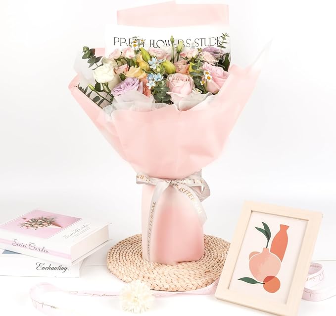 NESCCI 20 Sheet Flower Wrapping Paper - Waterproof Floral Bouquet Wrapping Paper, Florist Supplies Packaging Paper for Wedding Birthday Gift DIY (Water Pink)