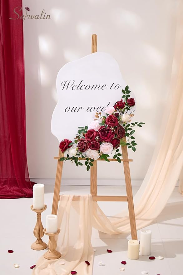Serwalin Artificial Flowers Silk Fake Flowers Roses for DIY Wedding Bouquets Centerpieces Arrangements Party Bridal Baby Shower Home Decorations Cake Flowers (Burgundy & Pink)