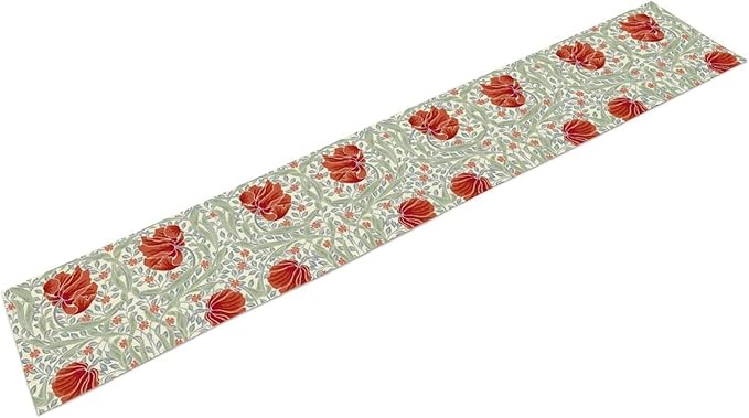 William Morris Table Runner, Retro Red Flowers Green Botanical Country Farmhouse Tabletop Decoration for Kitchen Dining Home Party 13x60 Inch