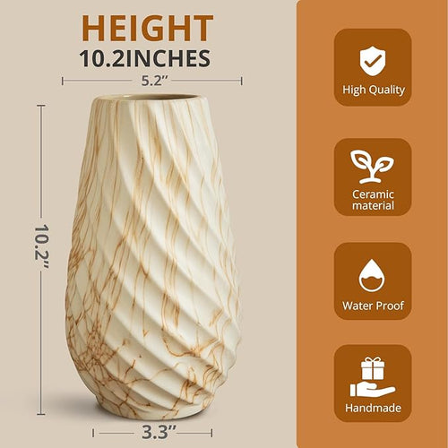 10 inch Tall Ribbed Ceramic Vase for Flowers,Boho Vases for Pampas Grass,Fluted vase,Simple Modern Decorative Vase for Home Decor Table Centerpieces (Pink Stripe)