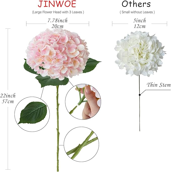 Pink Flowers Silk Artificial Hydrangeas, 4Pcs 22" Lifelike Large Silk Flowers with Stems, Artificial Flowers for Wedding Bouquet Table Centerpieces Outdoor Home