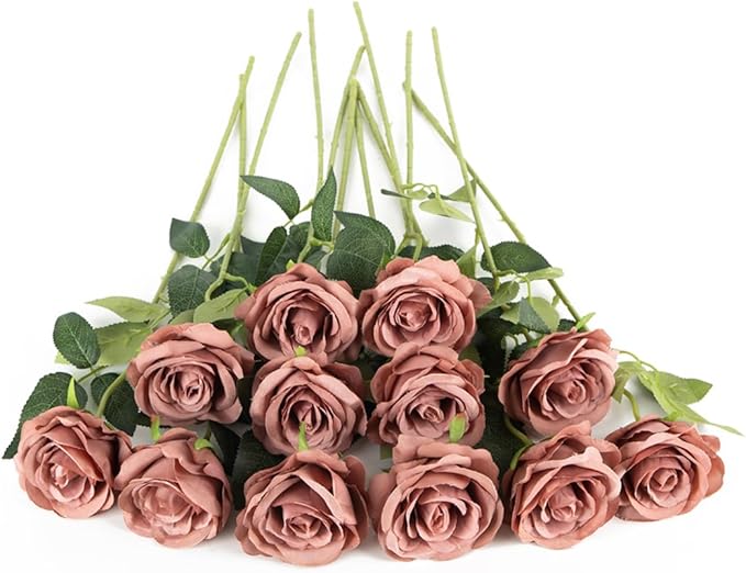 Laelfe Artificial Flowers Dusty Pink Roses Fake Silk Flower Long Stem Artificial Roses for Home Wendding Bathroom Party Decorations
