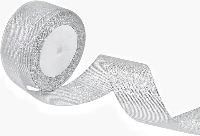 1.5 inch 25 Yards Silver Metallic Glitter Ribbon Gift Wrap Ribbon for Gift Wrapping Bouquet Crafts Christmas Wedding Party Decoration