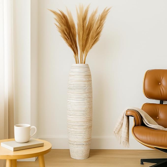 Leewadee Large White Home Decor Floor Vase - Wooden 34 inch Tall Farmhouse Decor Flower Holder for Fake Plant and Pampas Grass
