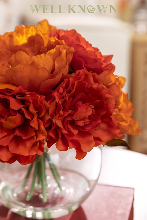 Artificial Flowers in Vase, Silk Peonies Flowers for Vase with Faux Water, Burnt Orange Fake Flower Arrangement for Fall Winter Dinning Wedding Christmas Party Table Centerpieces Decor & Mom's Gift