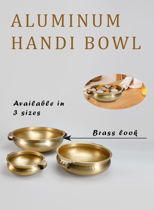 Serene Spaces Living Gold Handi Bowl: Hammered Texture, Decor for Living Rooms, Entryways, Restaurants, Indian Wedding. Table Centerpiece in Aluminum or Brass, Aluminum, 5" Tall & 15.5" Dia