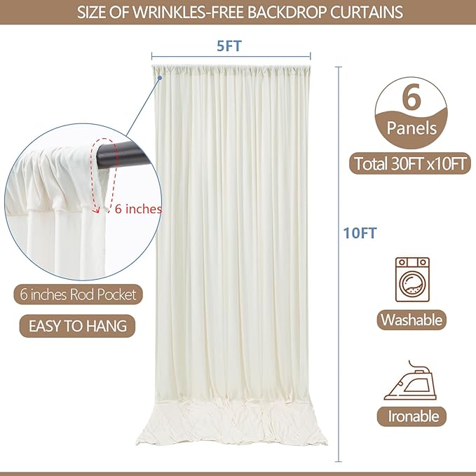30x10ft Wrinkle Free Ivory Backdrop Curtain for Parties Soft Fabric Drapes Wedding Ivory Curtain Backdrop for Birthday Party Decorations Background for Photography 5x10ft,6 Panels