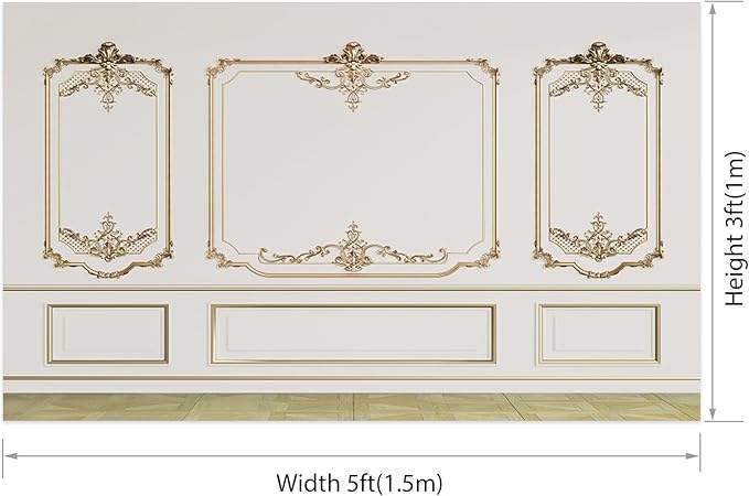 AOFOTO Vintage Room Inside Backdrop Modern French Classic Frame White Walls Gold Embossed Floral Photo Background Wedding Bridal Shower Reception Drama Portrait Photoshoot Backdrop Props 5x3ft