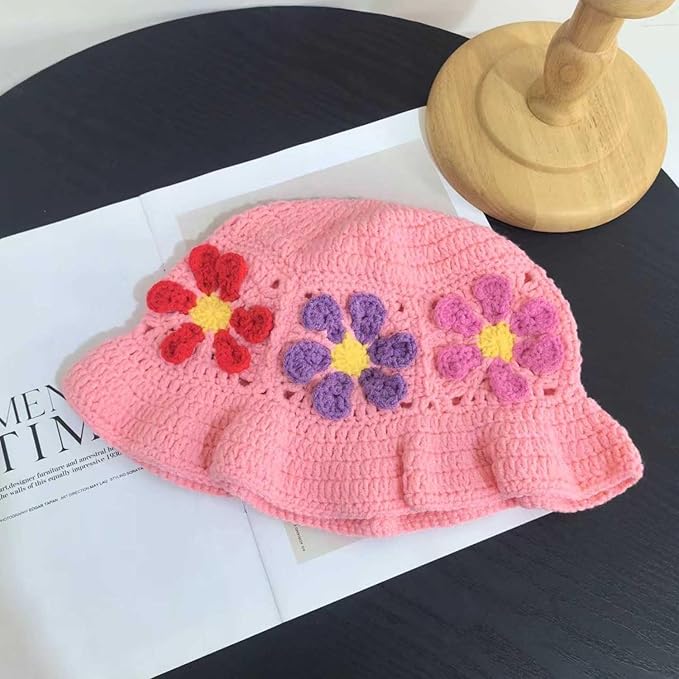 Crochet Bucket Hat for Women Flower Knit Hat Hollow Out Foldable Cap Hats