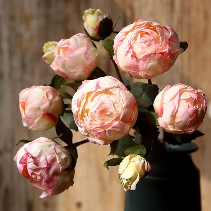 Pink Peonies Artificial Flowers 2 Bouquets Vintage Peonies 18pcs Pink Flowers Artificial for Wedding Decoration Bride Bouquet Faux Crafts Floral Arrangement