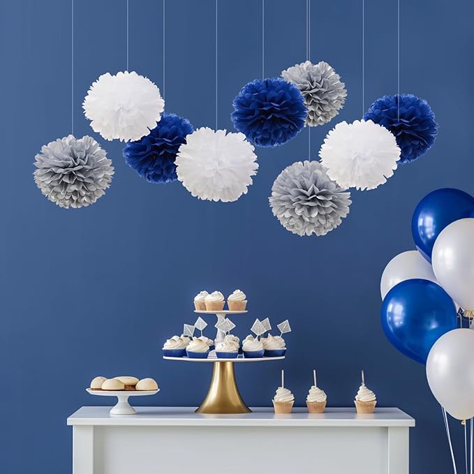 WEVEN Tissue Pom Poms Tissue Paper Flowers Tissue Fluff Balls Party Decorations 12-Inch Pack of 12 (Blue, White, Silver)