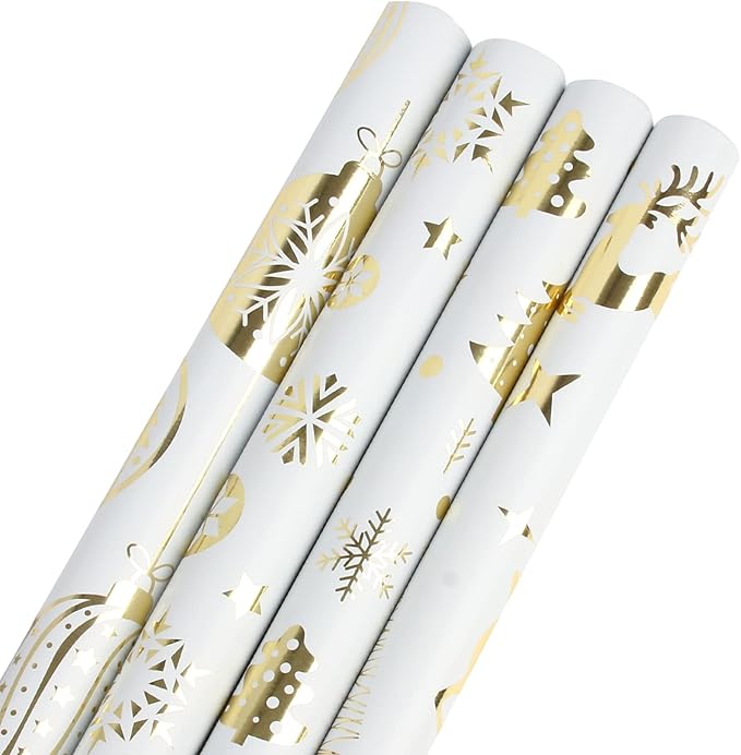 KIMOBER 4 Rolls Christmas Wrapping Paper,White Paper with Golden Metallic foil Shine Xmas Elements and Cut Lines on Reverse(30in × 144in Per Roll)