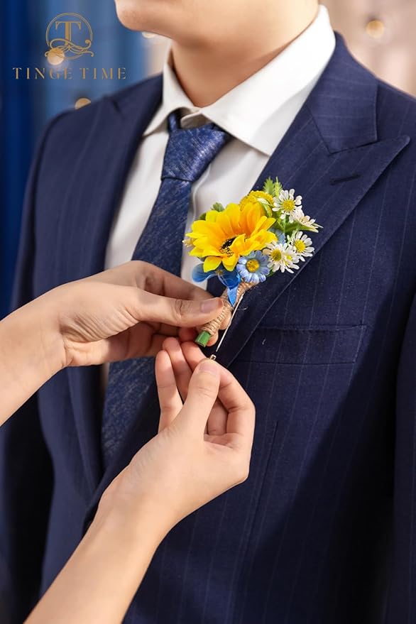 TINGE TIME Boutonniere for Men Wedding,Groom and Best Man Boutonniere for Wedding Ceremony Anniversary, Formal Dinner Party and Rustic Summer Weddings Marriage (Sunflower&RoyalBlue)