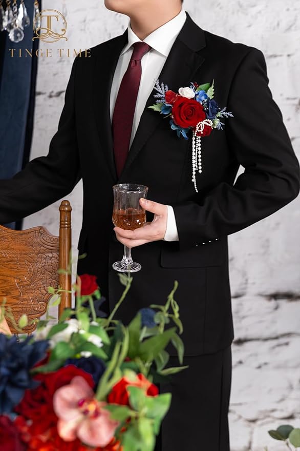 TINGE TIME Boutonniere for Men Wedding,Groom and Best Man Boutonniere for Wedding, Prom, Homecoming, Anniversary, Graduation, Christmas Dinner (1, Red & Navy Blue)