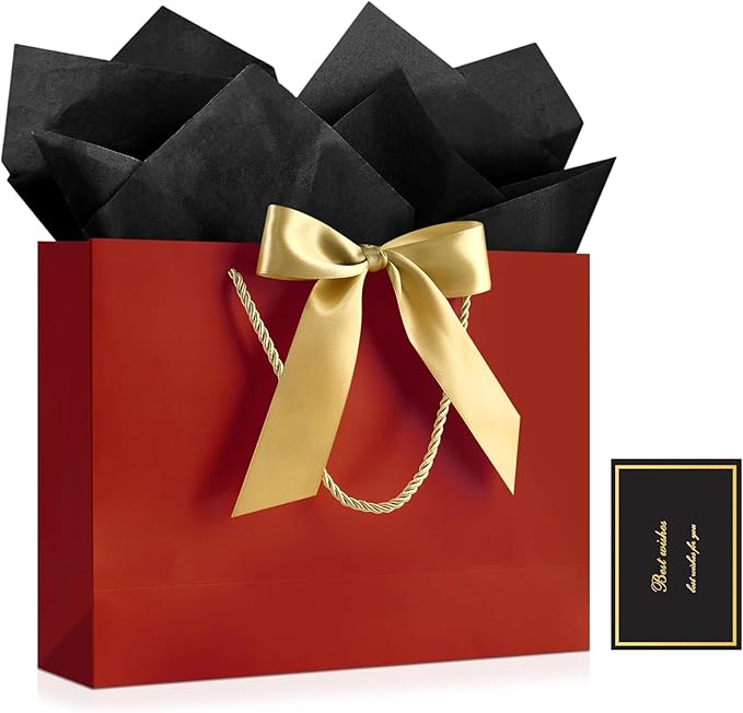 JMANNI 1PCS Large Gift Bag with Ribbon and 1 Greeting Card 2 Tissue Papers, Portable Paper Gift Bag with Handles, Birthday Gift Bags,Present Bags for Wedding Party,Mothers Day12.6" x 9.8" x 3.9"(Red)