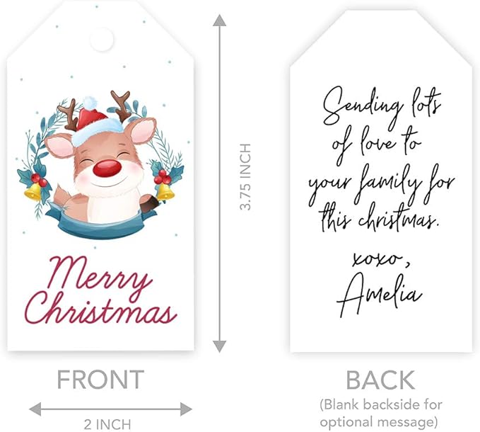 Andaz Press Christmas Holiday Season Classic Gift Tags, Merry Christmas to from Classic Favor Tags, Happy Reindeer with Santa Hat Design, for Holiday Events, Parties, and Favors, 60-Pack