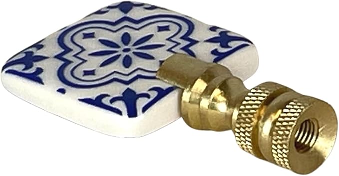 Royal Designs, Inc. Porcelain Square Design Finial for Lamp Shade, Polished Brass, Blue & White, Pack of 2