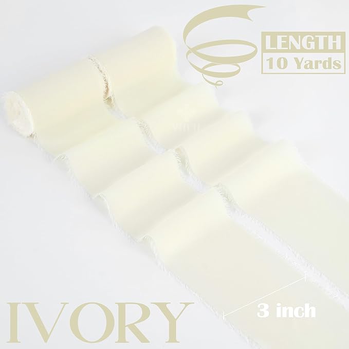 MEEDEE Ivory Chiffon Ribbon 3 Inch Frayed Ribbon Cream Chiffon Silk Ribbons Frayed Edge Wide Chiffon Ribbons for Crafts, Flower Bouquet, Wedding Favors Wrapping (2 Rolls 10 Yards)