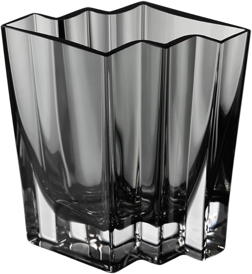Glass - Vase - Gray - Smoky Black - Grey - Chevron Design - 5.5" Height - Heavy Durable - Made in Europe - by Barski