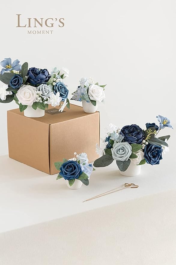 Ling's moment Artificial Flowers 50Pcs Dusty Blue & Navy Roses Decor w/Stems,3" Real Touch DIY Foam Floral for Wedding Bouquet/Centerpieces, Outdoors Party Backdrop, Room/Table, and Garden/Pot Decor