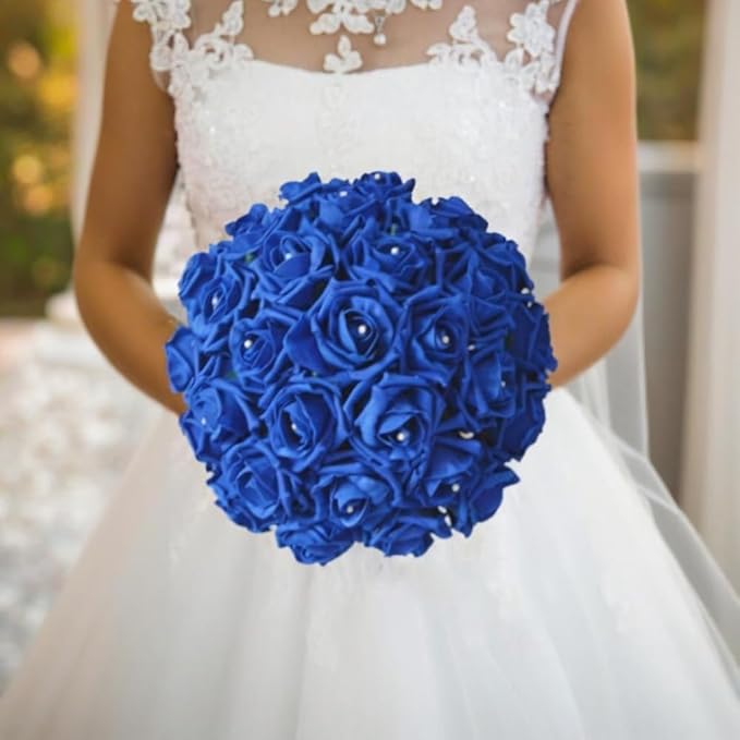 Jasion 12PCS Artificial Roses Realistic Velvet Silk Flowers Long Stem Faux Flowers Bouquet for Wedding Home Party Table Centerpieces Decorations (Blue)