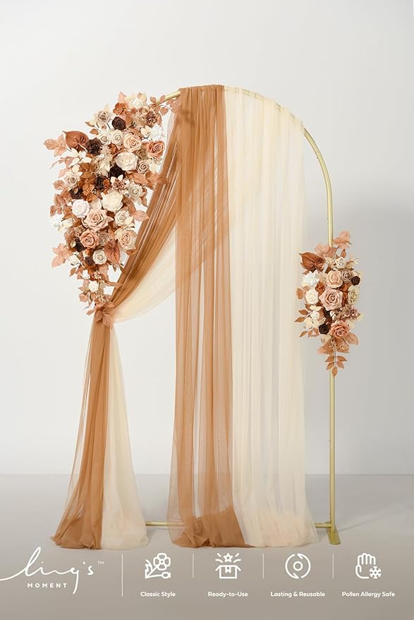 Ling's moment Wedding Arch Backdrop Stand with Flowers - 7.2FT Metal Arch Frame with Drapes for Ceremony Decor - Artificial Floral Birthday Party, Bridal Shower, Indoor Outdoor Arbor, Rust Boho