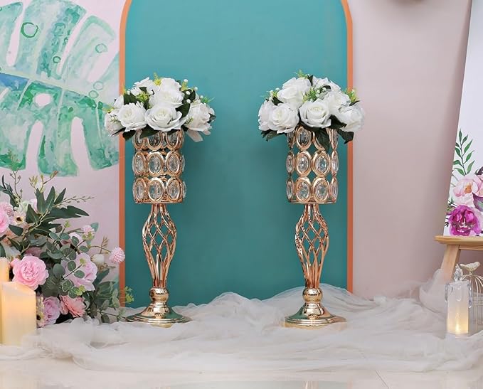 Set of 10 Metal Crystal Wedding Centerpiece Vases for Tables, 20in Silver Trumpet Flower Vase Stands for Wedding Party Reception Dining Room Living Room Décor