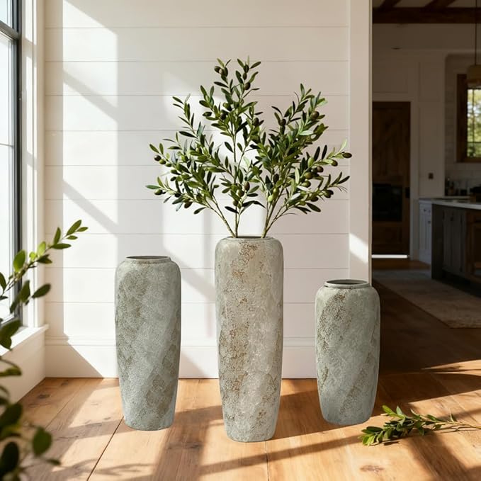 19.7 Inch Rustic Ceramic Tall Floor Vase, Slim Tapered Rustic Farmhouse Vase for Dried Stems & Pampas, Neutral Beige Decorative Vase for Living Room